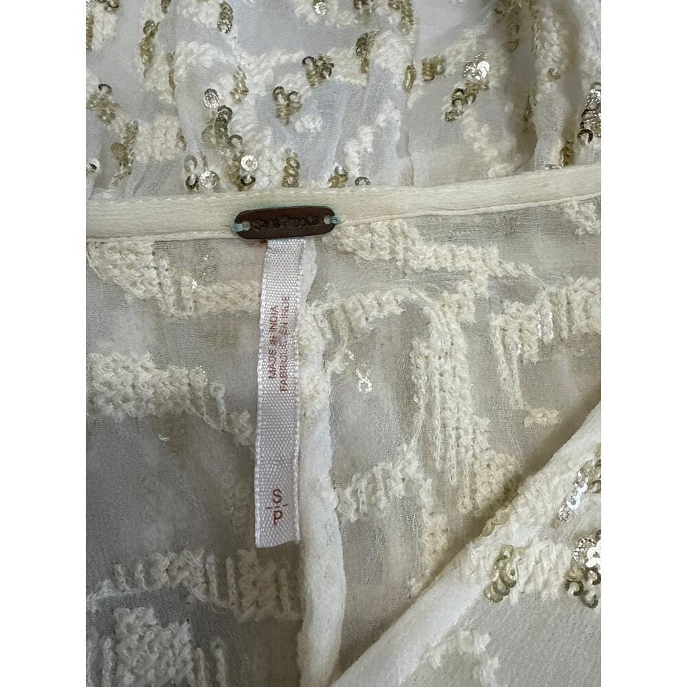 Free People Smile Away Sheer Top Ivory/Gold/Sequins Ruffle Trim Embroidery Small - Picture 8 of 11